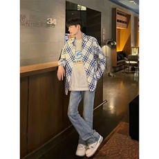 春夏季慵懒老钱风宽松蓝白格子长袖衬衫男2025盐系衬衣防晒外套，男装防晒衣，星座601-1