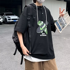 夏季新款男士冰丝连帽短袖t恤连帽男装宽松半袖潮流男孩体恤，男装T恤，星座1013