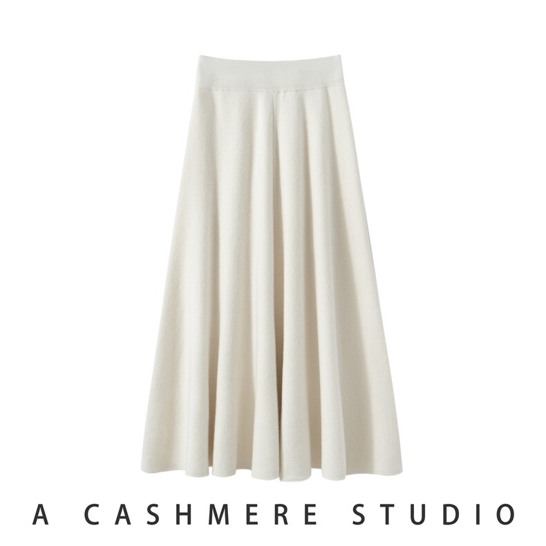 2025秋冬新款羊绒裙女100%纯羊绒松紧腰纯色优雅简约时髦半身伞裙，女装半身裙，戎叶云台