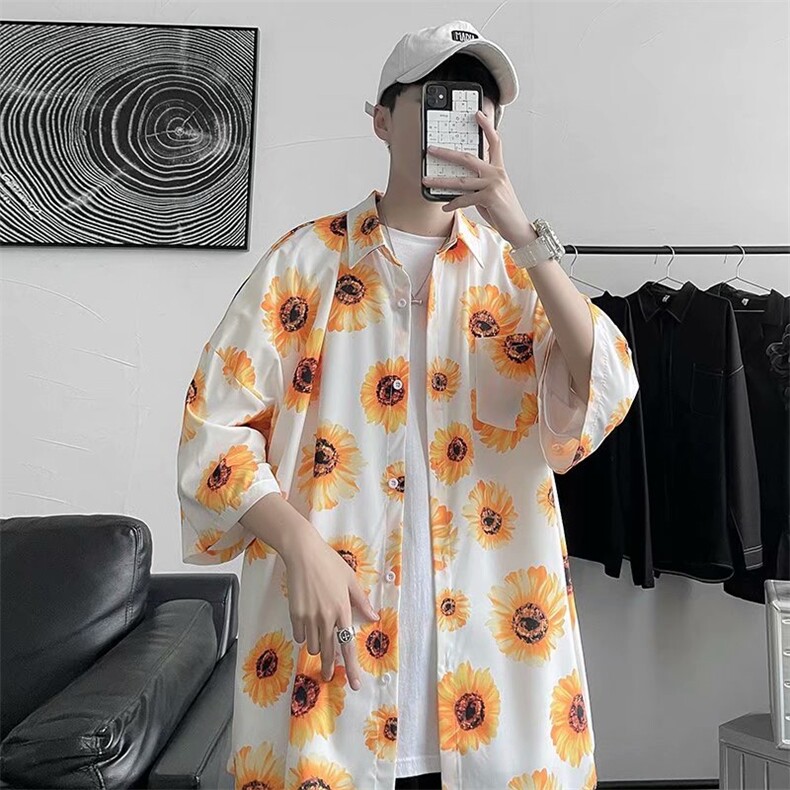 日系oversize满印花衬衫男女港风夏季威夷情侣短袖衬衣W874-P32,男装衬衫,星座512-2