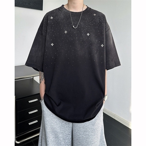8XL-M 满天星轻奢烫钻宽松版落肩纯棉短袖T恤新款夏百搭上衣DX337图片