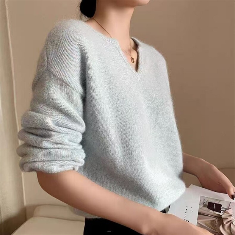 时尚洋气红色V领衫女宽松显瘦套头毛衣针织薄款打底衫上衣,女装羊毛衫,旭驰羊绒