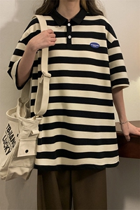1中性风大码M-5XL美式条纹polo衫女翻领短袖T恤男DP8761P40控59图片