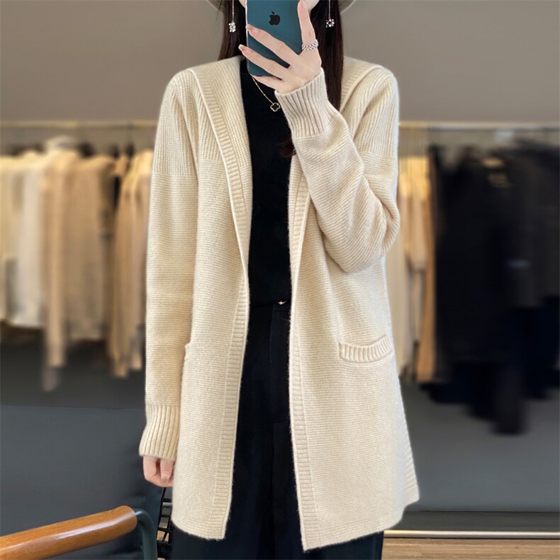 中长款连帽羊绒开衫女长袖针织外套毛衣宽松羊毛衫带兜上衣，女装羊毛衫，忠诺羊绒