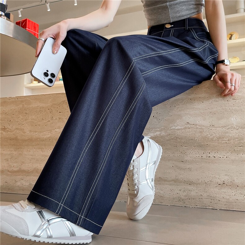 莱赛尔仿牛仔女夏季薄款新款高腰垂感小个子冰丝阔腿裤女现货，女装牛仔裤，梦白服饰厂