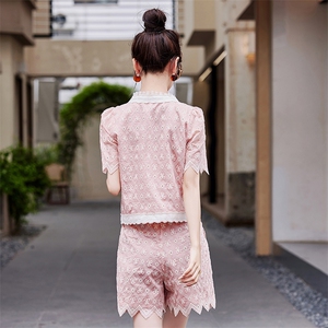 法式时尚套装蕾丝连衣裙女夏2025新款小香风上衣半身裙粉色两件套图片