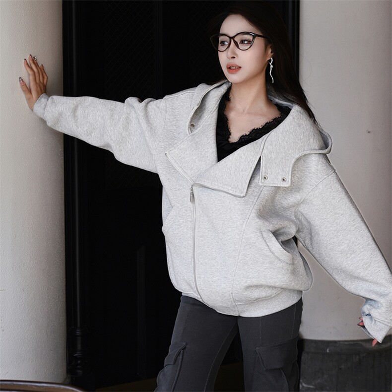 抖音得物品质26春装美式重磅结构斜拉链高领连帽卫衣开衫外套W61,女装短外套,电商A486-1