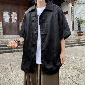 新中式冰丝龙纹提花短袖衬衫男夏季薄款设计感高级五分袖衬衣外套图片