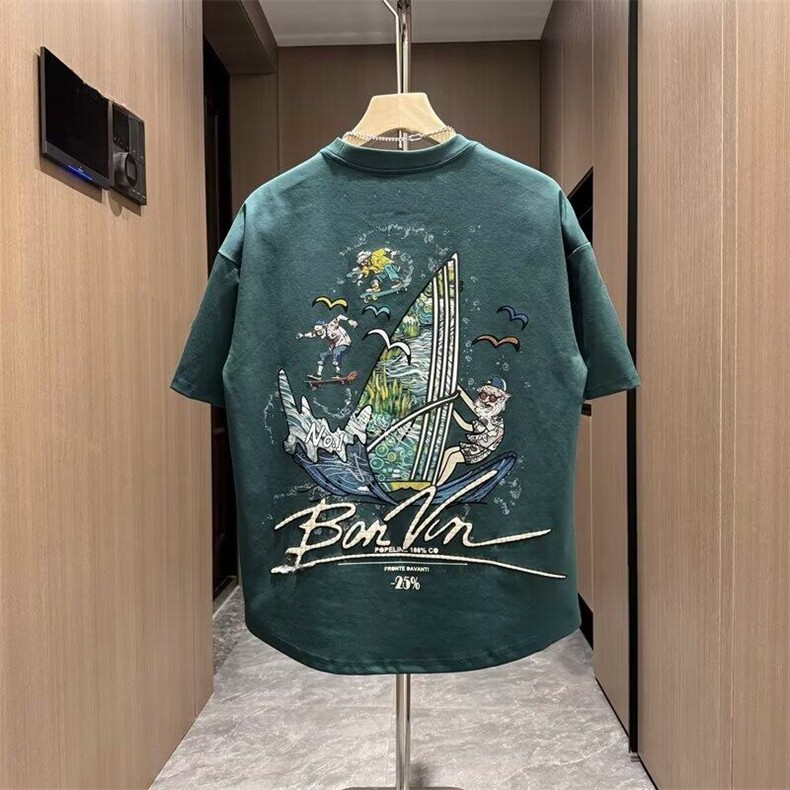 潮流时尚百搭帆船漫画卡通男士发泡刺绣印花短袖T恤休闲宽松半袖,男装T恤,电商B212（原钱塘6029）