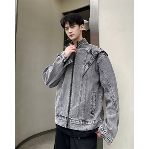 港风小众拼接设计感牛仔外套男春秋做旧水洗休闲夹克JK08856-P70图片