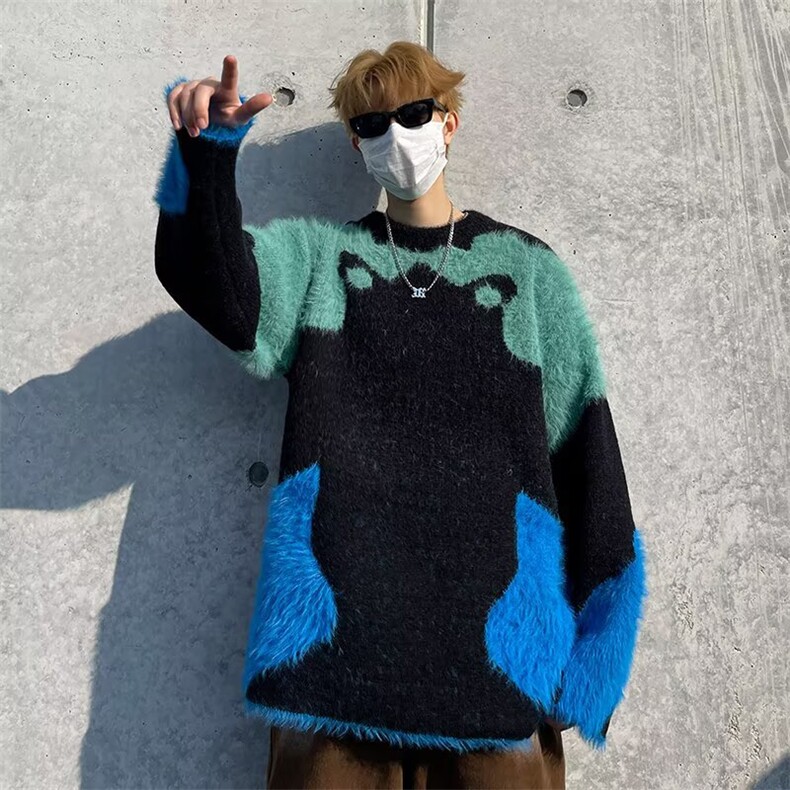 冬装小众拼色时尚保暖仿貂绒毛衣男慵懒风休闲时髦毛绒软糯针织衫,男装针织衫/毛衣,星座601-1