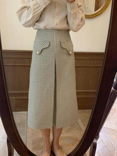 独屿2021春格纹复古半身裙，女装半身裙，独屿