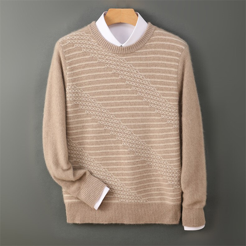 高品质男士秋冬羊毛竖条纹休闲毛衣时尚百搭保暖舒适男装，男装羊毛衫，德晨羊绒