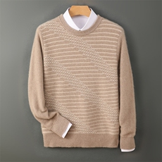 高品质男士秋冬羊毛竖条纹休闲毛衣时尚百搭保暖舒适男装，男装羊毛衫，德晨羊绒