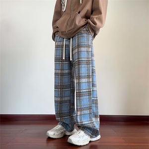 格子毛呢休闲裤男春秋季美式复古宽松直筒阔腿休闲运动长裤子男款图片