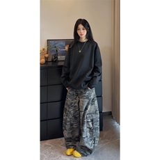 抖音得物品质美式高街重磅曼巴棉结构硬阔boxy版潮牌卫衣长袖T恤，男装T恤，电商A486-1