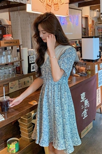 小个子碎花连衣裙中长款法式赫本风雪纺大翻领仙女裙图片