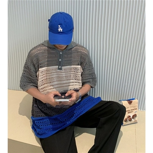 小众镂空拼接翻领polo纽扣针织短袖男宽松夏季拼色T恤Y044-P40图片