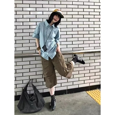日系复古褶皱短袖衬衫女2025夏季小个子通勤宽松百搭休闲衬衣上衣，男装T恤，星座506A