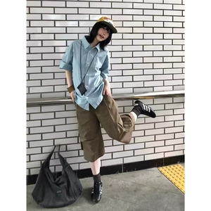 日系复古褶皱短袖衬衫女2025夏季小个子通勤宽松百搭休闲衬衣上衣图片