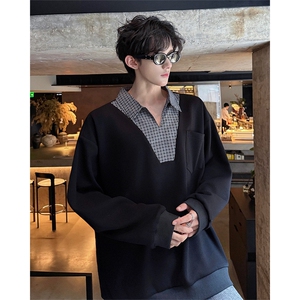 WY10153-特P48控88小众撞色面料拼接格子假两件大码男宽松卫衣