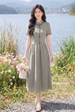 学院风格纹连衣裙女春夏收腰显瘦中长裙格子裙子，女装连衣裙，水衣源