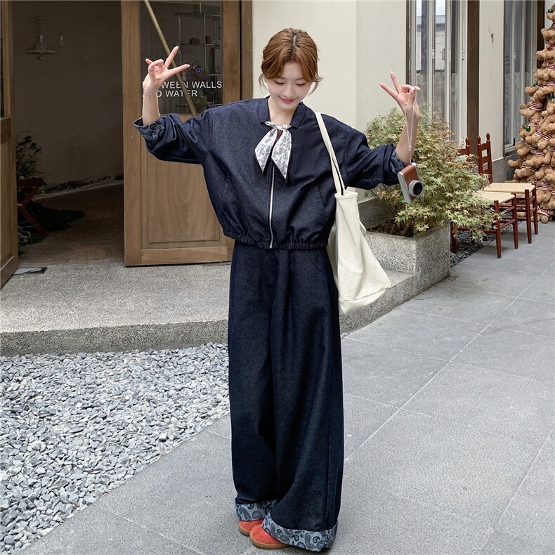 港风复古丝巾外套阔腿裤套装女春秋新款独特别致宽松显瘦两件套潮,女装套装/套裙,2C307