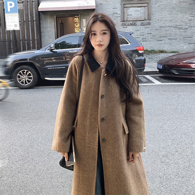 巴恩风撞色翻领双面羊绒大衣女2025冬季新款韩系复古宽松毛呢外套图片