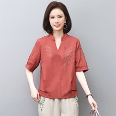 2025夏季新款亚麻休闲时尚高端苎麻上衣中年妈妈棉麻女，女装T恤，涵誉