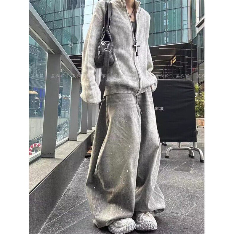 W9470-P53网图现货美式复古做旧阔腿牛仔裤慵懒风宽松休闲弯刀裤,男装牛仔裤,星座1608-2