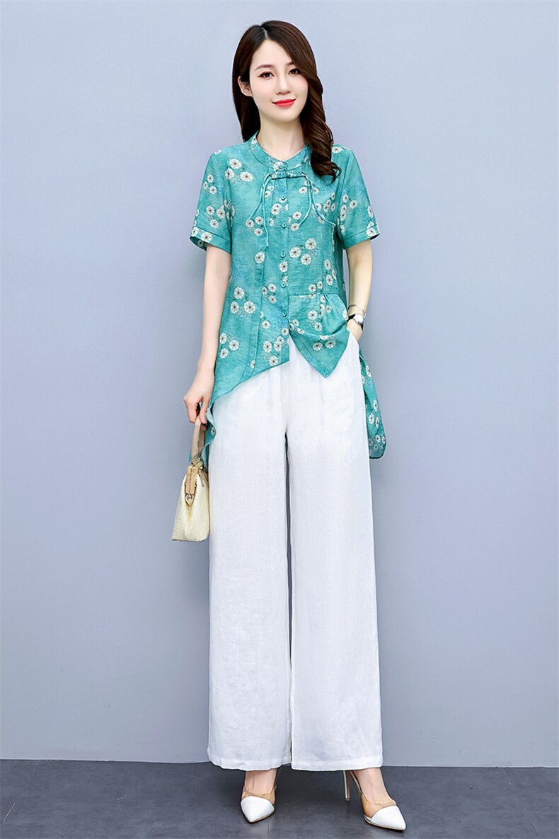 现货2022年夏季新款简约大方舒适棉麻盘扣阔腿裤两件套,女装套装/套裙,艾仟回(原伊仟回)