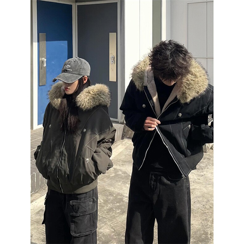 现货重磅boxy短款棉衣座山雕大毛毛领男女棉服水洗工装厚外套,男装棉衣,电商A486