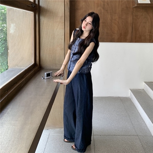 复古印花马甲阔腿裤两件套女2025年夏季新款老钱风巨好看穿搭套装图片