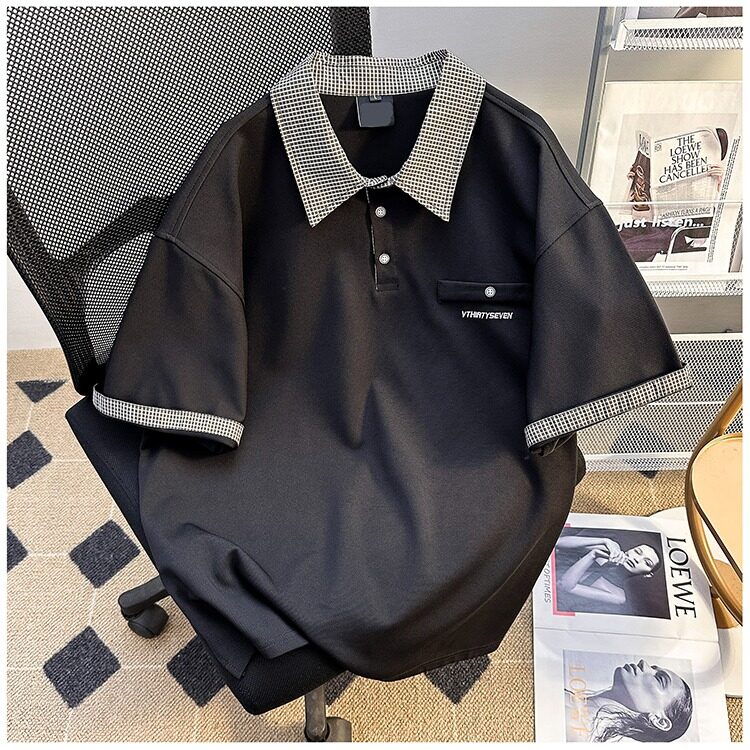 假两件格子拼接短袖t恤2025新款夏宽松大码胖mm美式polo衫上衣,男装Polo衫,星座601-1