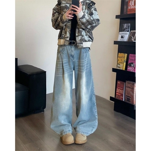 复古磨白阔腿牛仔裤男女春季款水洗蓝宽松显瘦垂感直筒拖地长裤图片