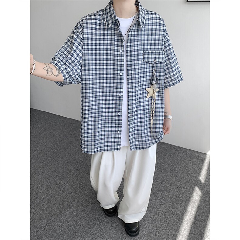 CS1151-特批40控78 夏季新款男女格子短袖大码男衬衫（带配件）图片