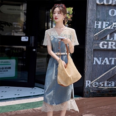 欧货时尚连衣裙女夏季新款韩系洋气减龄蕾丝拼接牛仔开叉半身裙潮，女装连衣裙，慕依路