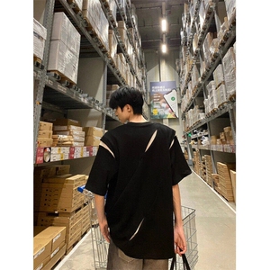 美式解构拼接正肩t恤小众设计感刀割垫肩短袖男高级感LTK7033-P35图片