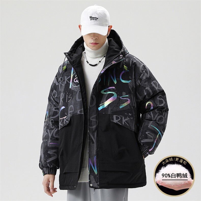 以日系灰底90%白鸭绒毛领连帽休闲加厚羽绒服男XZ109-P218，男装羽绒服，星座109