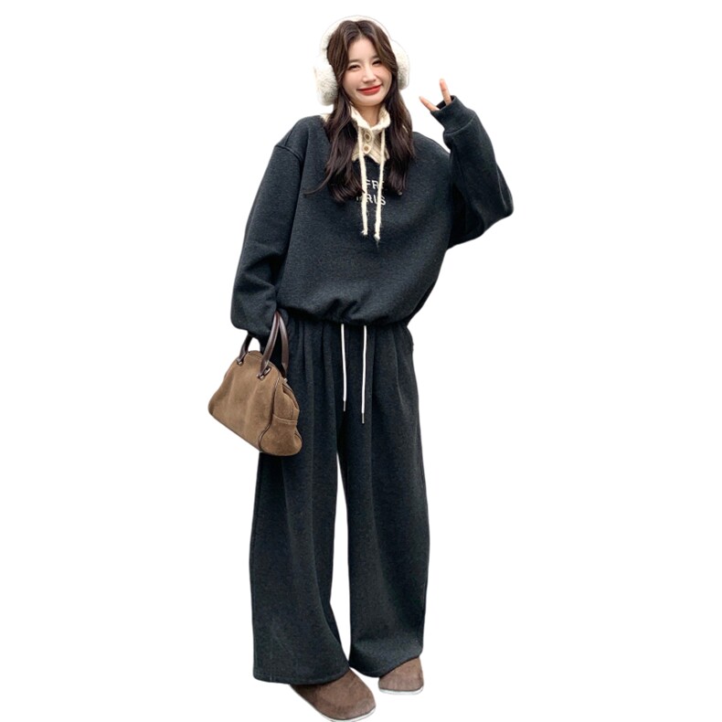 灰色复古针织立领拼接卫衣套装女2026冬韩系休闲运动阔腿裤两件套,女装套装/套裙,2C159
