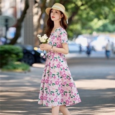 温柔风花卉印花纯棉连衣裙女2026夏薄款短袖气质收腰显瘦减龄裙子，女装连衣裙，倪叶myz