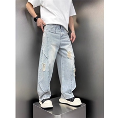 6632-P50春夏新款浅蓝色破洞刮烂牛仔裤男宽松直筒阔腿裤，男装牛仔裤，电商B323A