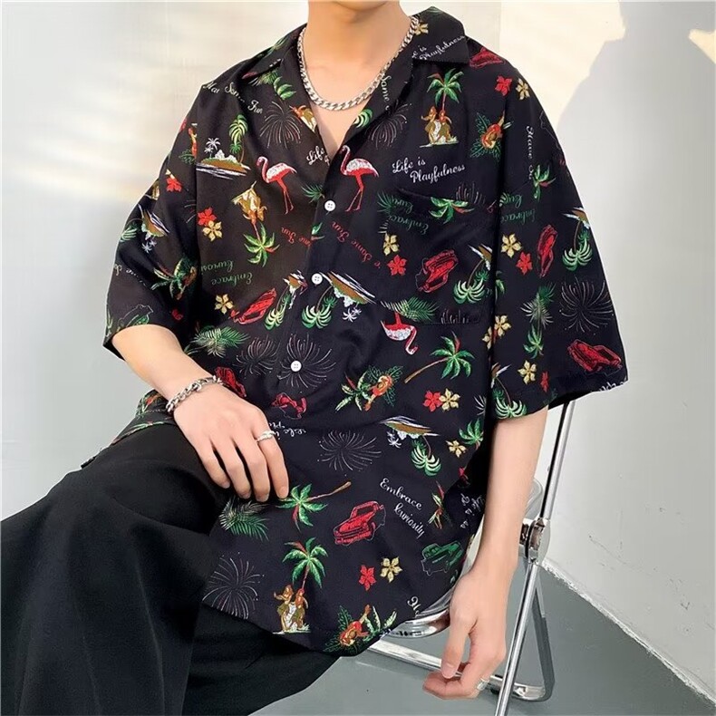 日系五分袖春夏季新款衬衫潮流慵懒男方领宽松型衬衫C1323P30,男装衬衫,星座1116-2