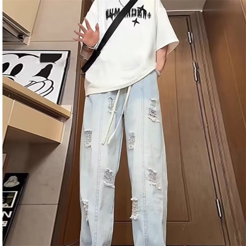 浅蓝色破洞牛仔裤男夏季薄款松紧腰微喇裤大码垂坠感宽松直筒裤子,男装牛仔裤,星座506A