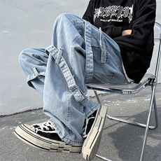 美式绑带牛仔裤男感欧美高街裤vibe裤子宽松直筒长裤N0237-P50，男装牛仔裤，星座308B-1