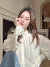 法式宫廷风立领褶皱木耳边花边衬衫小众设计感上衣白色天丝衬衣女，女装衬衫，湘姗
