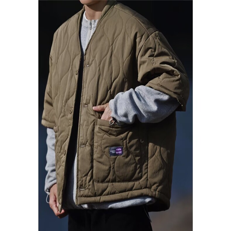 日系复古菱形半袖潮牌棉衣男秋冬季加厚V领工装棉服宽松保暖外套图片