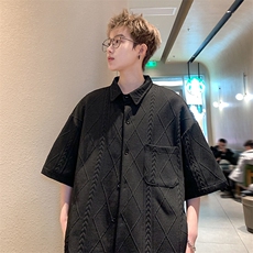2026夏装翻领短袖衬衫大码男纹理提花衬衣菱形格CS220/P35黑色5，男装衬衫，电商A094