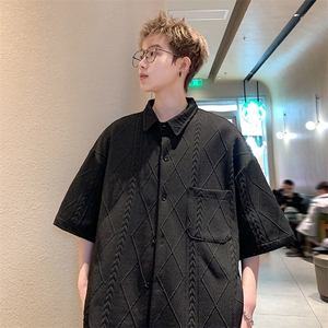 2026夏装翻领短袖衬衫大码男纹理提花衬衣菱形格 CS220/P35 黑色5图片