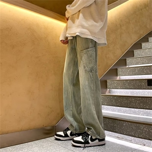 秋季高街宽松工装水洗黑色牛仔裤男复古直筒阔腿长裤 K5461-P42图片